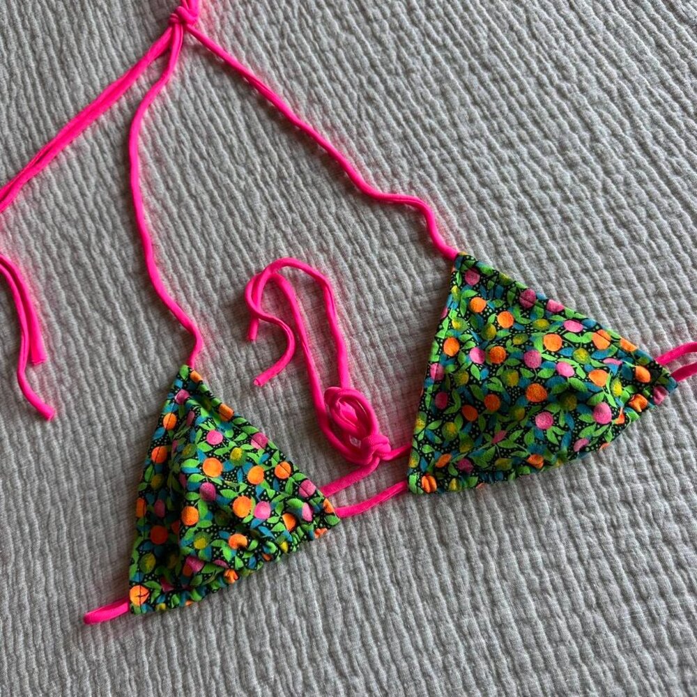 Vintage Bikini Triangle Top Neon Citrus Fruit Tropical Florida Hot Pink Medium